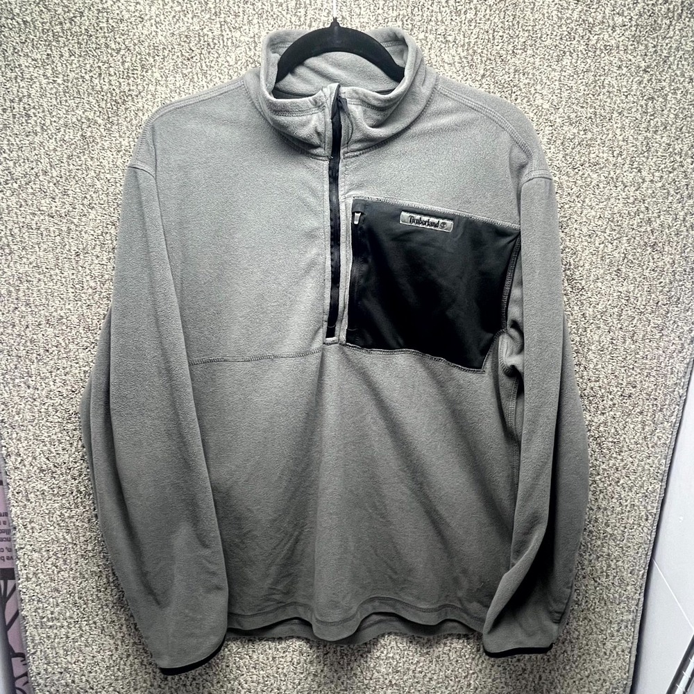 Timberland Fleece Sweatshirt Mens Large Gray Logo Mock Neck Half Zip Hiking